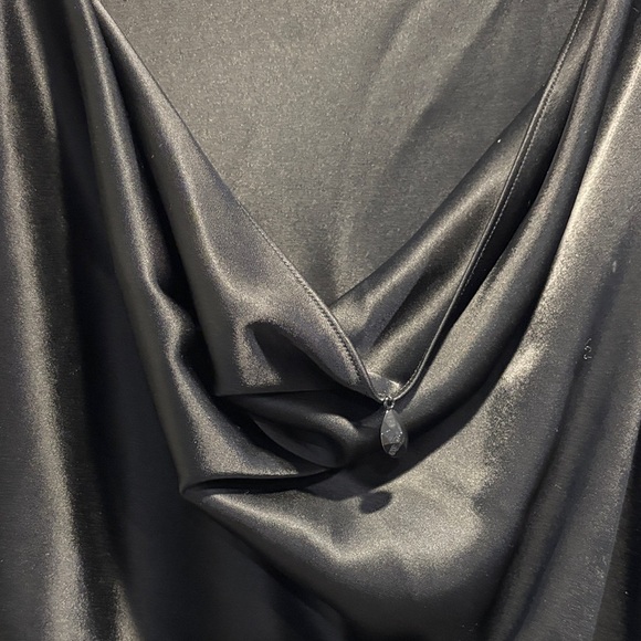 St. John Satin Black Blouse Knit Trim Cowl Neck Dolman Sleeve Top Size Medium - Picture 4 of 16